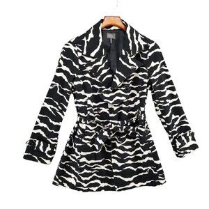 Kristin Davis Belted Coat Womens Black White Zebra Print Mid Length Jacket Sz S